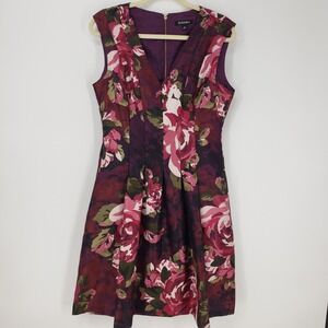 Roz & Ali Floral Fit & Flare Dress 8 Burgundy Rose Sleeveless Cocktail Pleated